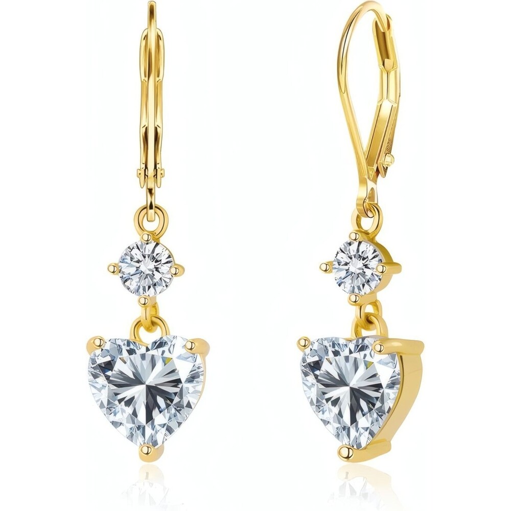 Gold Plated Sterling Silver Cubic Zirconia Heart Leverback Earrings for Women